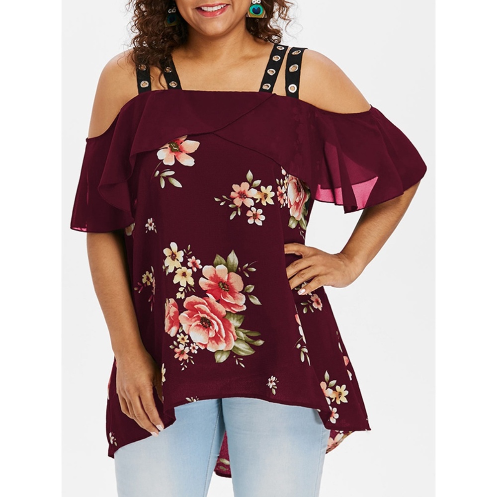 Plus Size Ruffle Floral High Low Blouse - Red Wine
